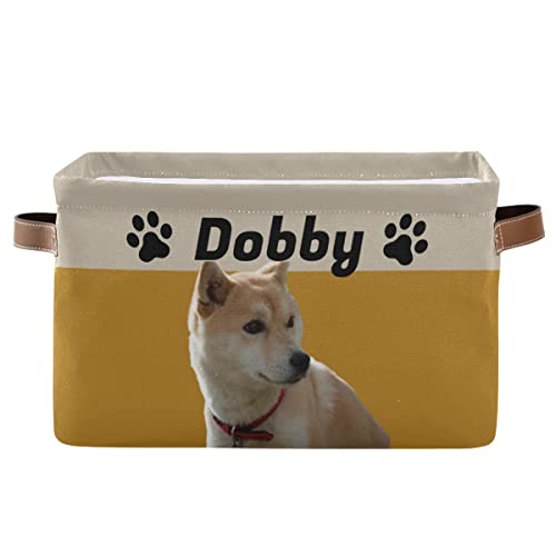 Custom Personalized Collapsible Dog Toy Storage Basket with Leather Handles - Pet Supplies Organizer for Toys, Clothes & Accessories (Orange) - Perfect for Living Room, Bedroom & Pet Play Area Organization