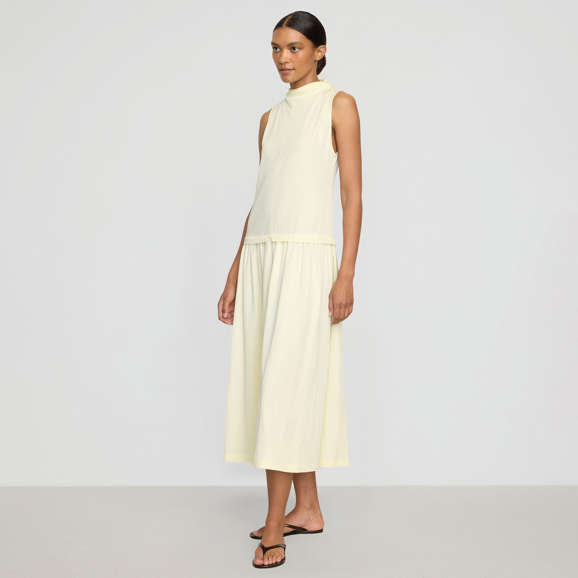 Chic Drop Waist Gathered Neck Dress for Women - Elegant Flowy Midi Dress for Party, Wedding & Special Occasions