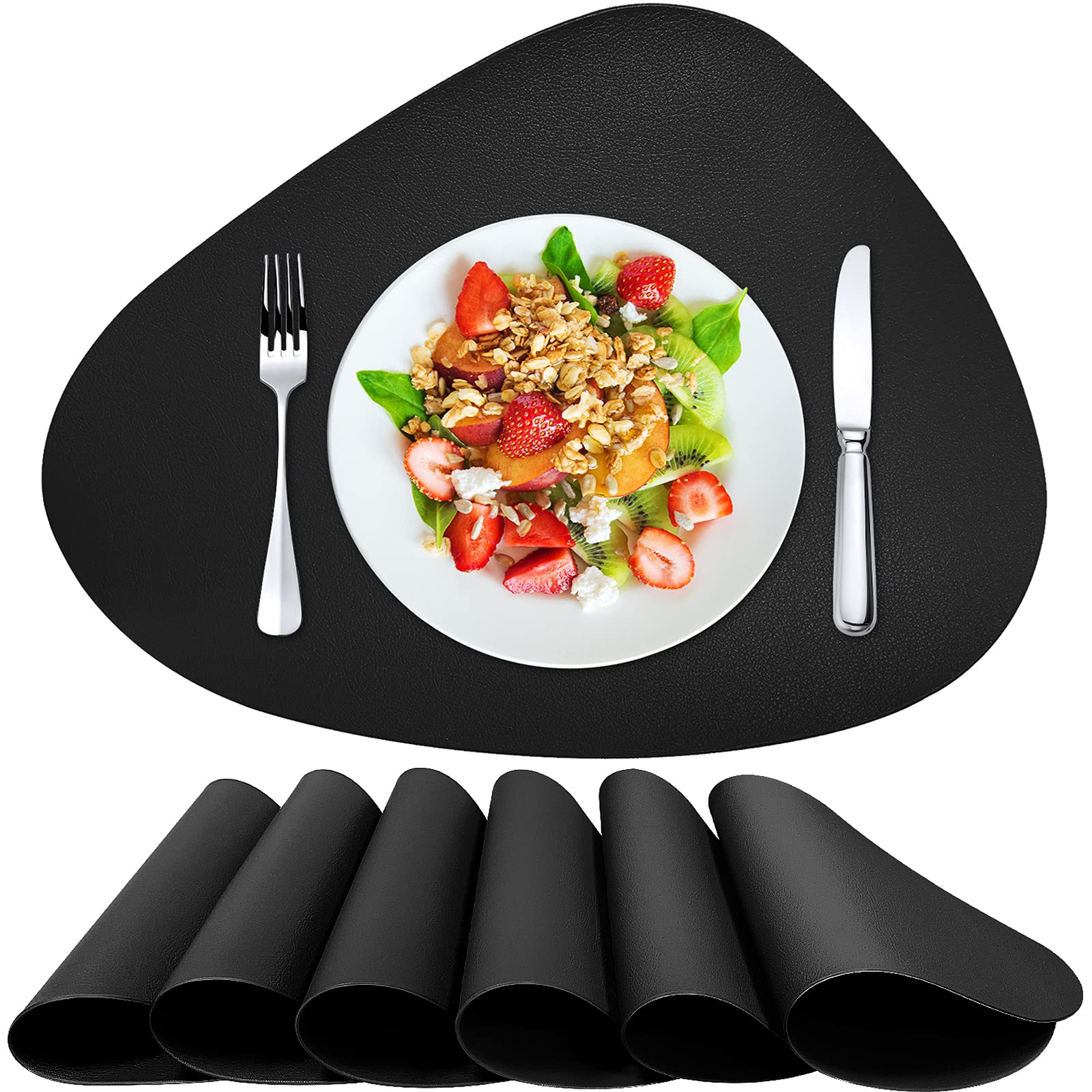 Premium Faux Leather Placemats Set of 6 - Black Heat-Resistant Washable Dining Table Mats for Round Tables | Indoor & Patio Use | Halloween & Thanksgiving Dinner Decor | Easy to Clean & Wipeable
