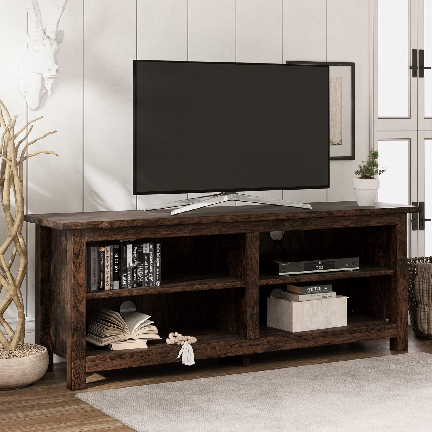 SHA CERLIN 58 Inch TV Stand - Classic Farmhouse Entertainment Center with 2 Adjustable Shelves, Sturdy Media Console Table for TVs Up to 65 Inches (Brown) - Perfect for Living Room, Home Theater & Family Entertainment Spaces