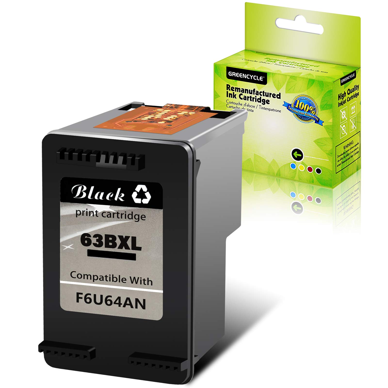 GREENCYCLE Remanufactured High Yield Black Ink Cartridge - Compatible with HP 63 & 63XL (F6U64AN) - Works with Envy 4510/4528, Officejet 4650/5258, Deskjet 1110/3637 Printers - 1 Pack - Perfect for Home Office Printing & School Projects