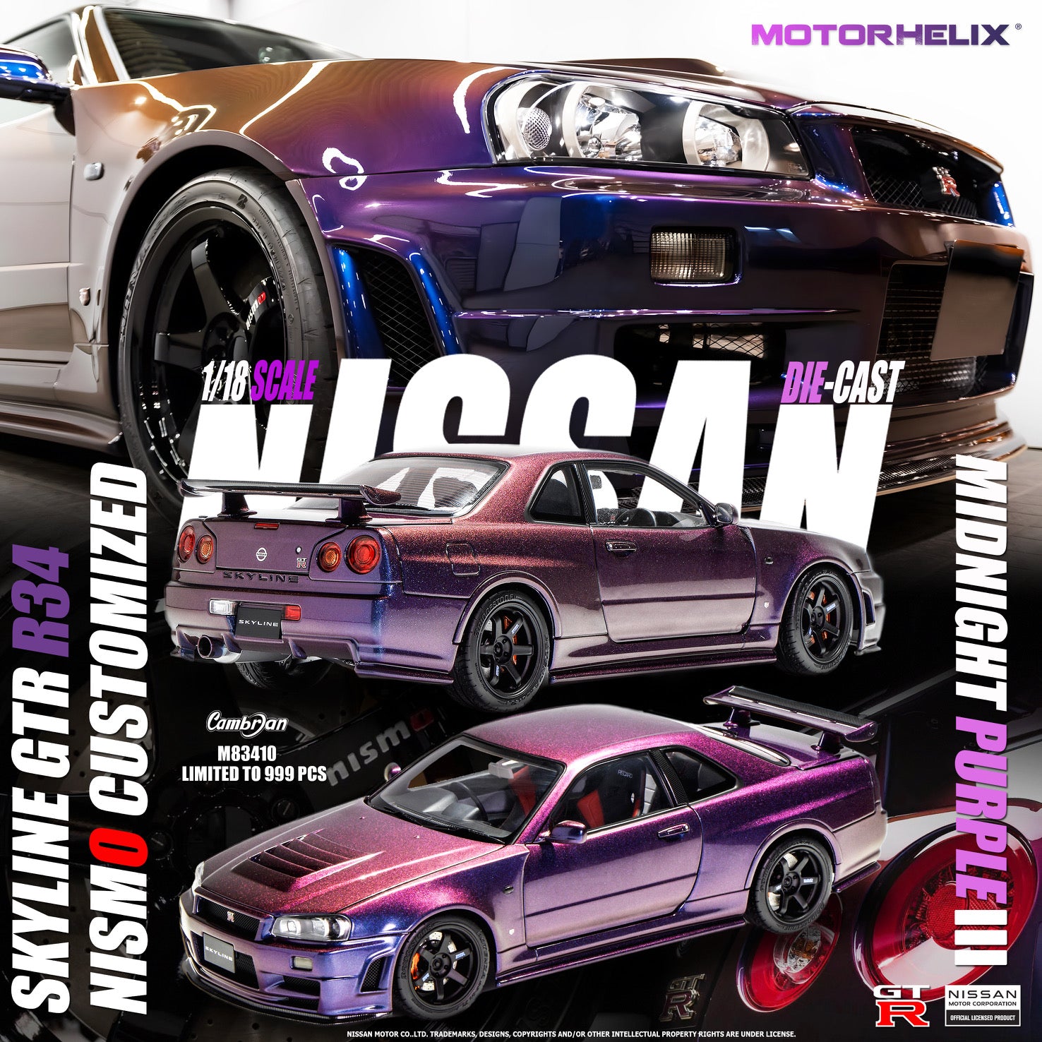 MotorHelix 1:18 Scale Nissan Skyline GT-R R34 NISMO Customized Version Diecast Model Car - Midnight Purple III | Collectible Display for Car Enthusiasts & Perfect Gift for Racing Fans