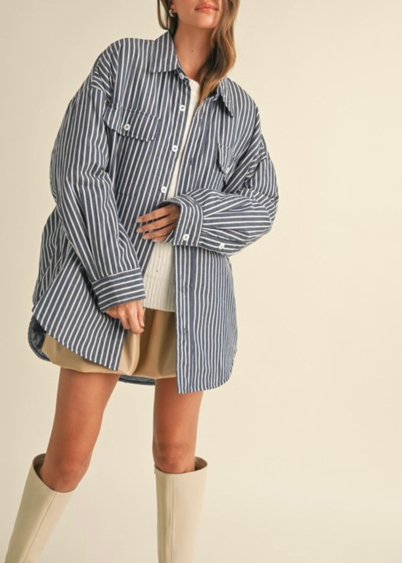 Blue Striped Padded Oversized Shacket for Women - Cozy Winter Layering & Casual Outfit Essential