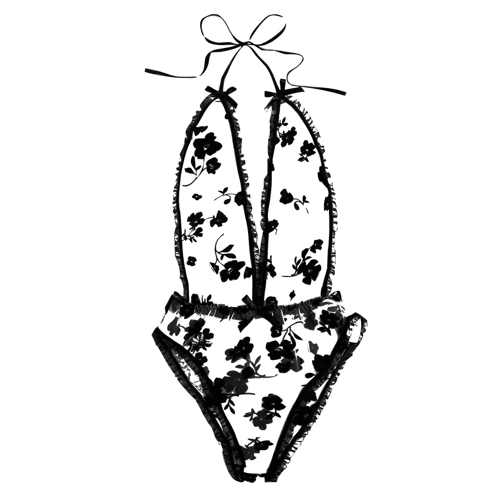 Sexy Teddy Lace Embroidery Deep V Bodysuit Lingerie for Women - Plus Size Black Lace Underwear with Bow Tie & Stockings | Perfect for Valentine's Day, Boudoir Photography and Romantic Nights