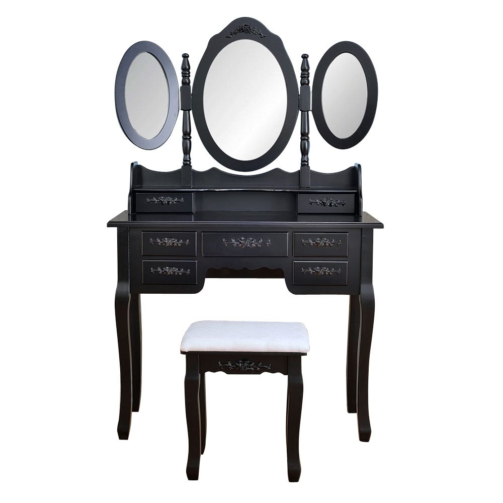 Kcelarec Vanity Desk with Tri-Folding Mirror & Cushioned Stool - 7-Drawer Makeup Dressing Table for Women & Girls (Black) | Perfect for Bedroom, Bathroom & Beauty Salon Organization