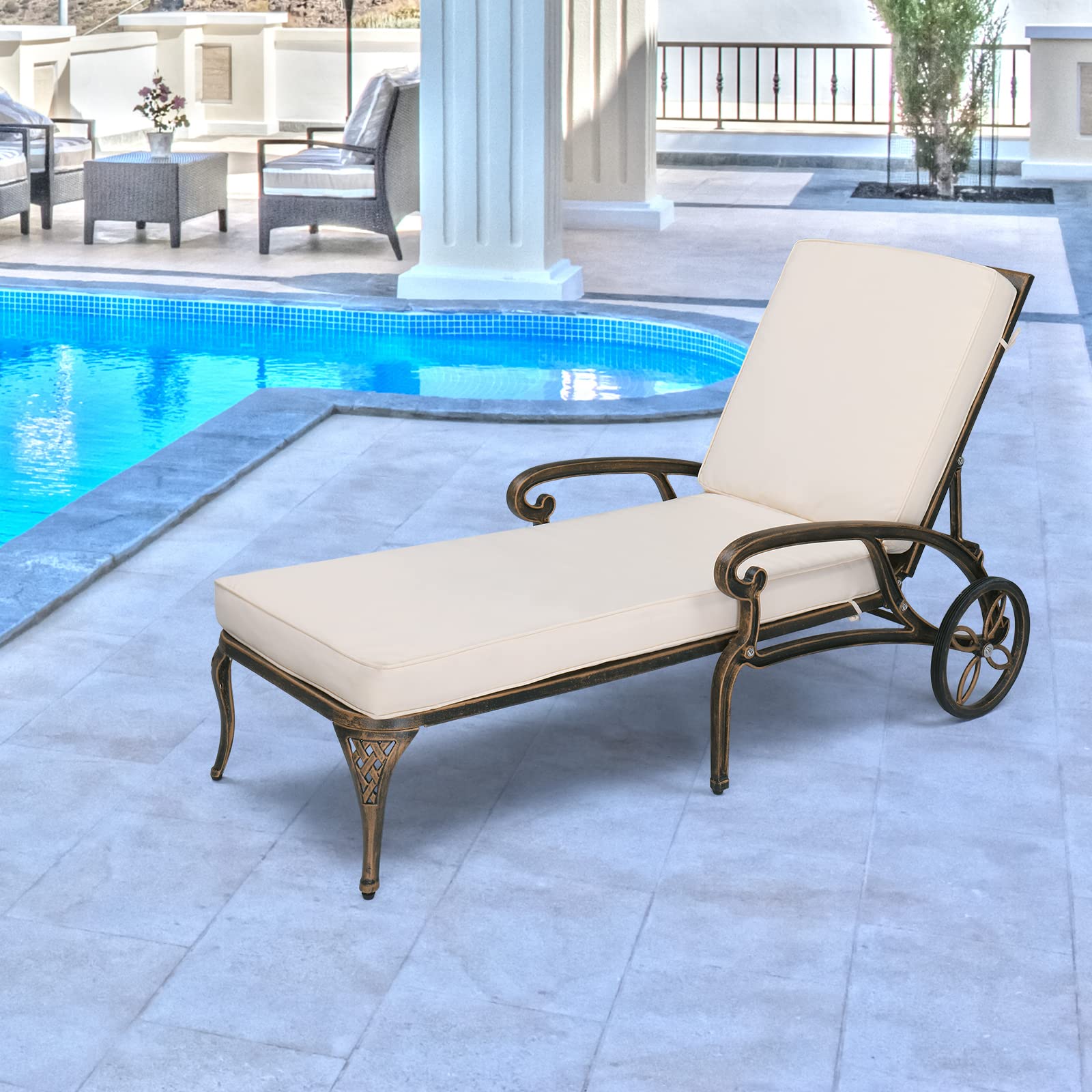 VINGLI Heavy Duty Cast Aluminum Outdoor Chaise Lounge Chair with Wheels - 3-Position Adjustable Backrest Patio Sunbathing Chair - Bronze Tanning Lounge with Removable Cushion - Perfect for Poolside, Beach, Backyard & Patio Relaxation