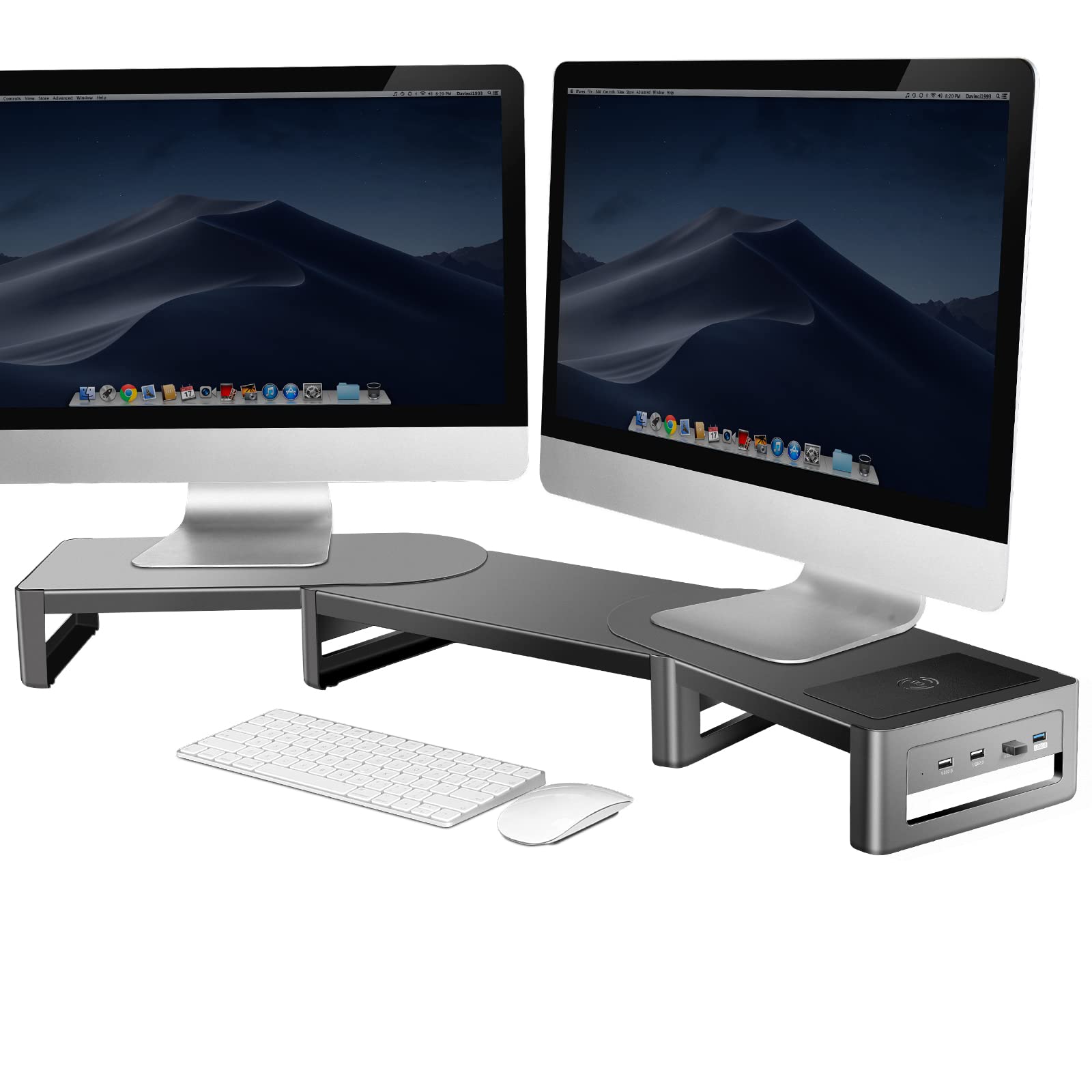 Vaydeer Adjustable Dual Monitor Stand with Wireless Charger - Heavy Duty Iron Monitor Riser for Home & Office Workspace, Computer Desk Organization