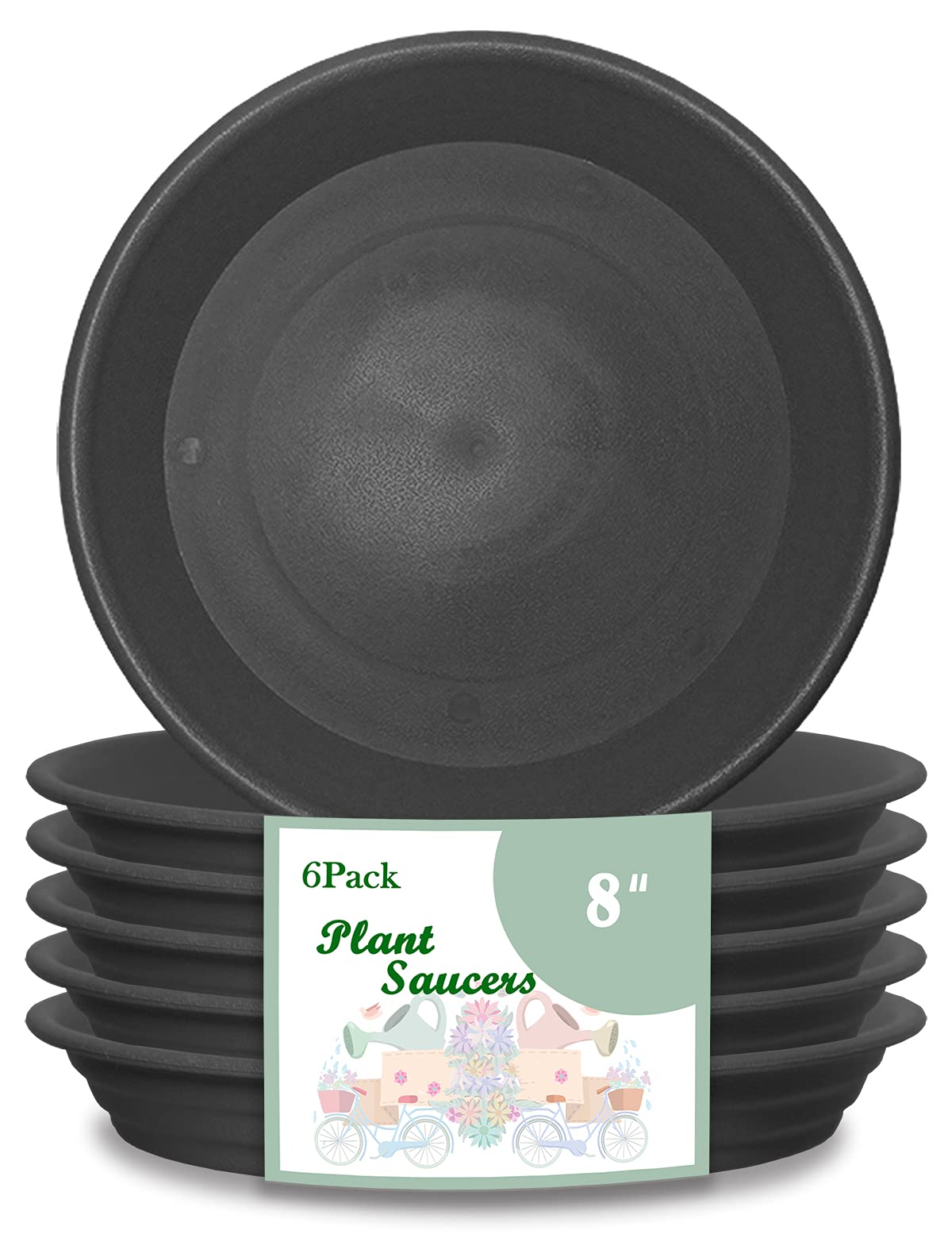 6 Pack 8 Inch Heavy Duty Plastic Plant Saucers - Thick & Durable Pot Trays for Indoor/Outdoor Plants - Fits 6
