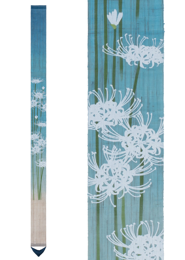 Hand-Dyed Linen Japanese Narrow Tapestry - White Spider Lily Kyoto Noren Wall Hanging Scroll for Home Decor, Room Divider & Traditional Japanese Style Interior