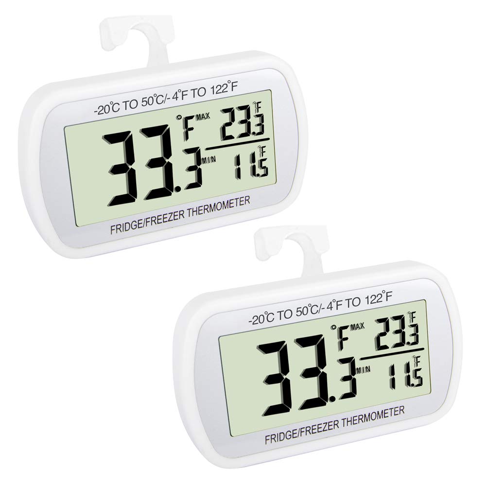 Waterproof Digital Refrigerator Freezer Thermometer with Max/Min Record, Large LCD Screen & Magnetic Back - 2 Pack for Kitchen, Home, Restaurant Use (Ideal for Food Storage Monitoring & Commercial Fridges)