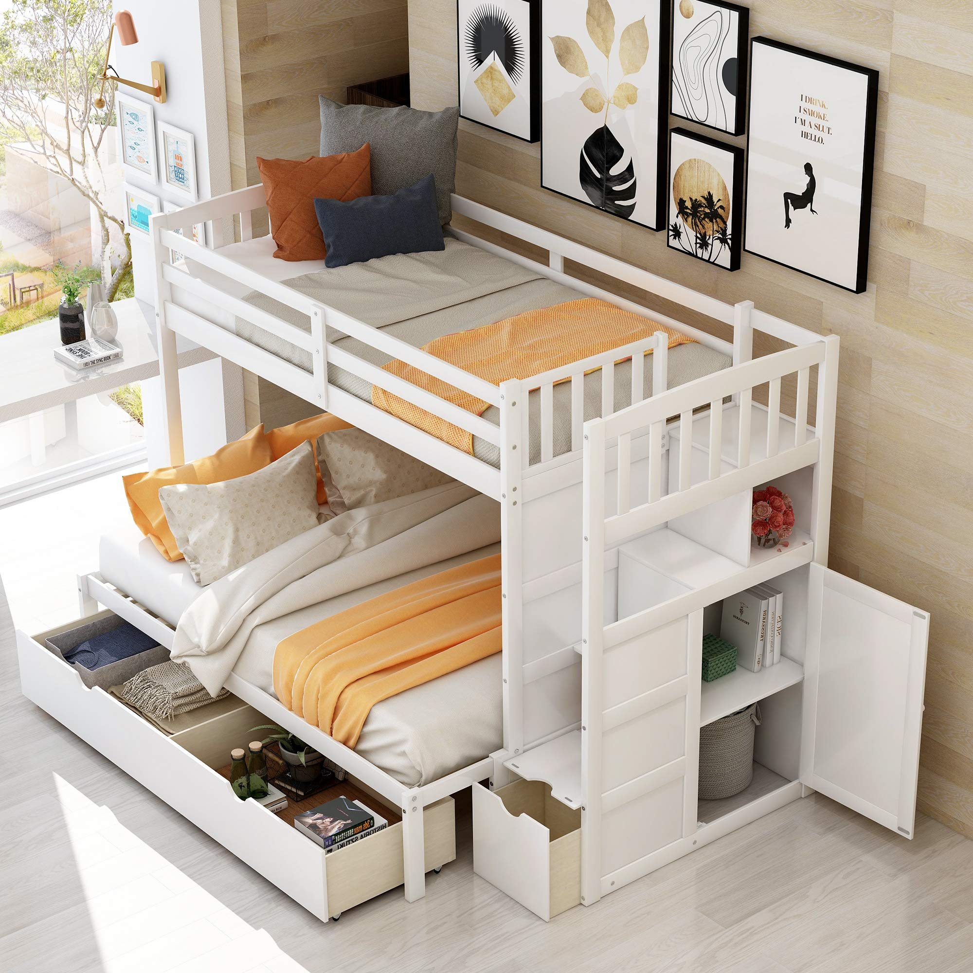 Convertible Twin Over Full Bunk Bed with Storage - Solid Wood Frame for Kids & Adults - Space-Saving Bedroom Furniture for Small Rooms