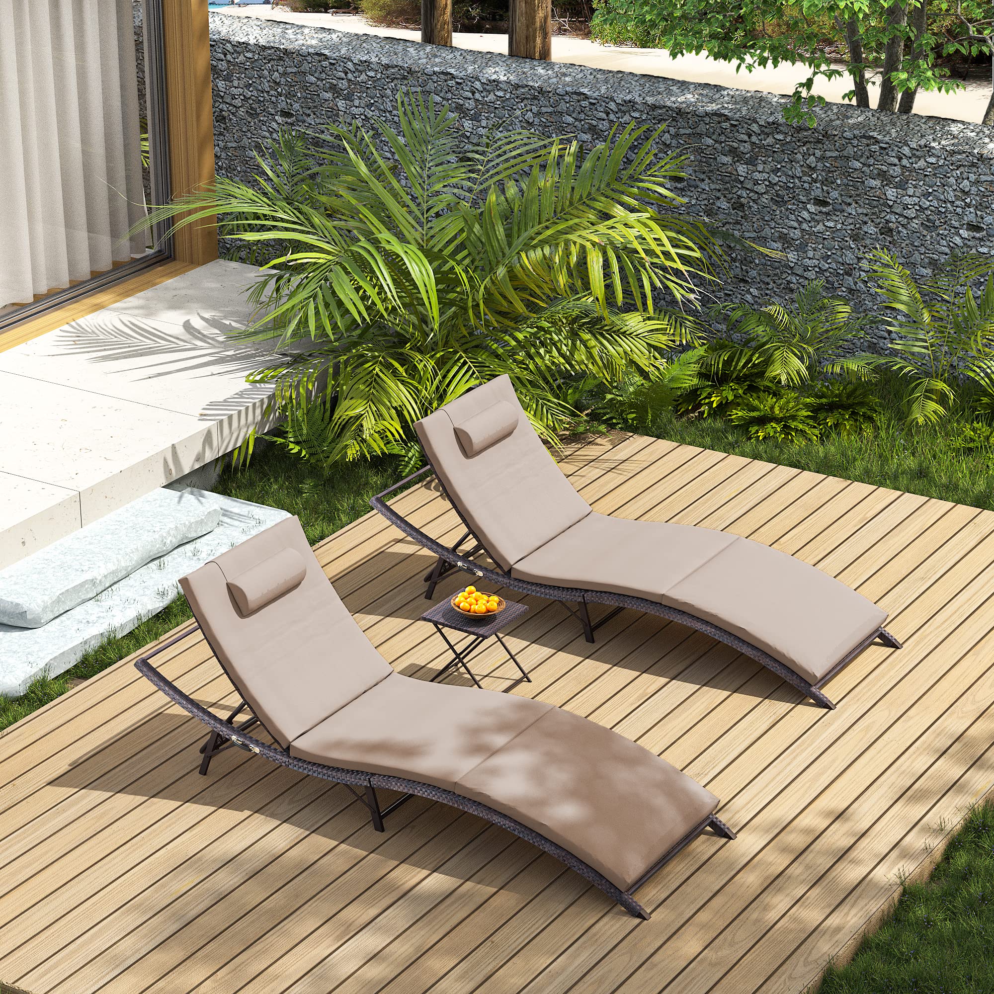 3-Piece Patio Chaise Lounge Set with Adjustable Rattan Backrest & Folding Table - Outdoor Furniture for Beach, Poolside, Backyard, Porch & Garden Relaxation