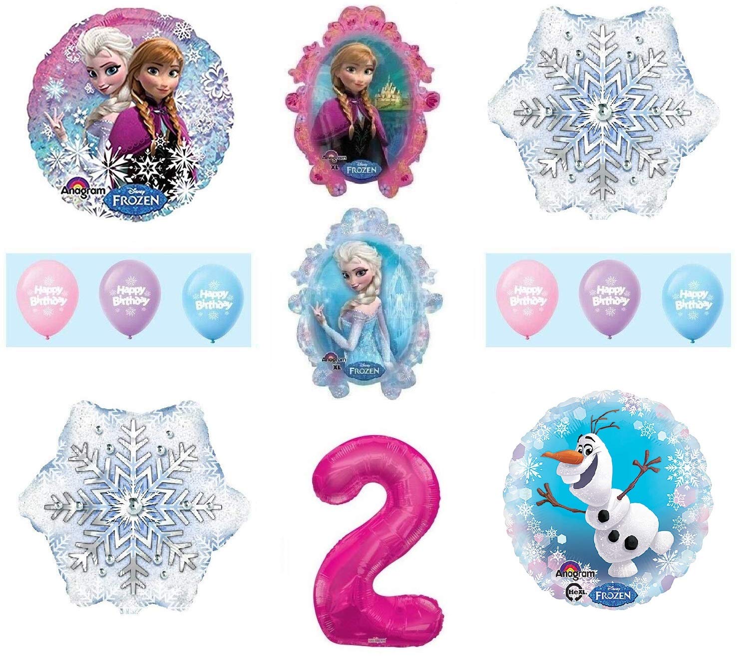 Frozen Anna Elsa Olaf Snowman White Snowflake Balloons Set - 12 Pink Birthday Party Balloons for Disney Frozen Themed Decorations, Kids Parties & Winter Celebrations
