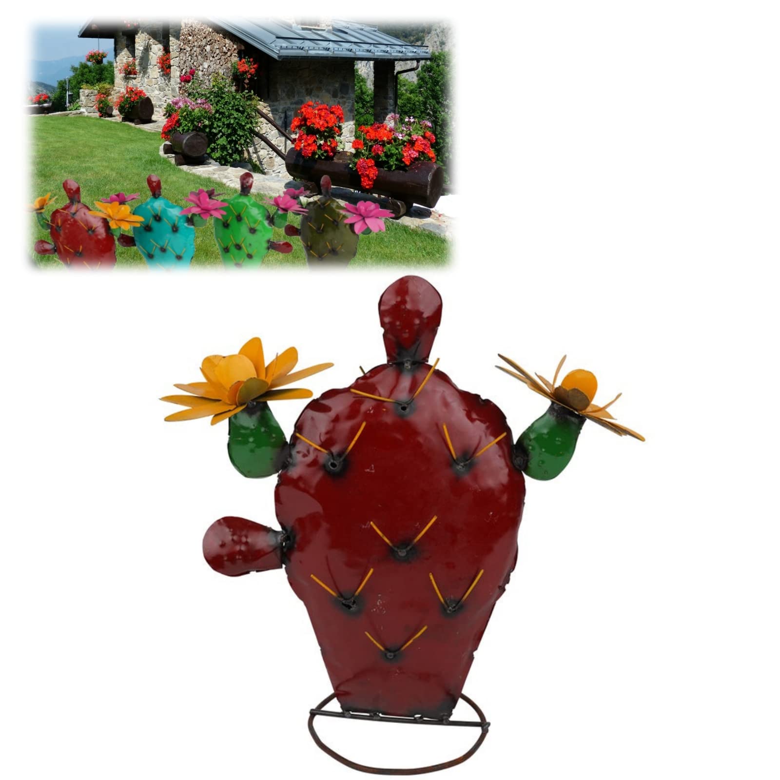 Vibrant Red Metal Prickly Pear Cactus - Faux Succulent Plant, Wrought Iron Garden Decor for Outdoor Courtyard, Lawn & Patio | Perfect for Desert-Themed Landscaping, Southwest Decor & Modern Garden Accents
