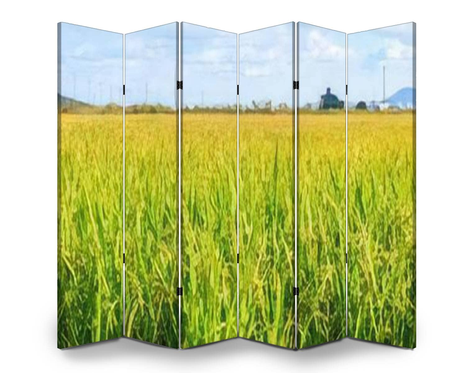 6-Panel Korean Traditional Rice Farming Landscape Folding Room Divider - Autumn Rice Field Canvas Privacy Screen for Home Office, Bedroom Partition & Indoor Space Separator | Freestanding Protective Wall Divider for Living Room, Studio & Dorm