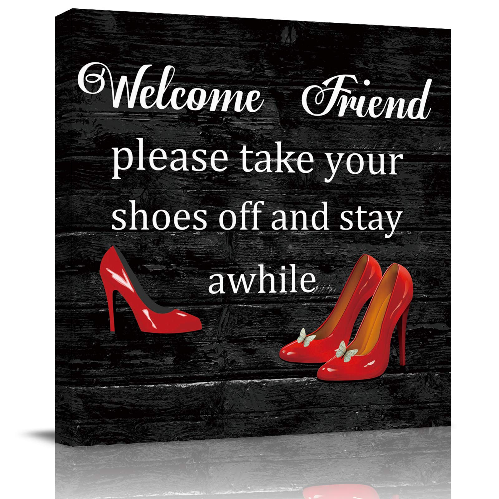Modern Canvas Wall Art - 16x16in Aesthetic Home Decor for Bedroom, Living Room & Office | 'Welcome Please Remove Your Shoes' Black Print | Perfect for Housewarming Gifts & Interior Design