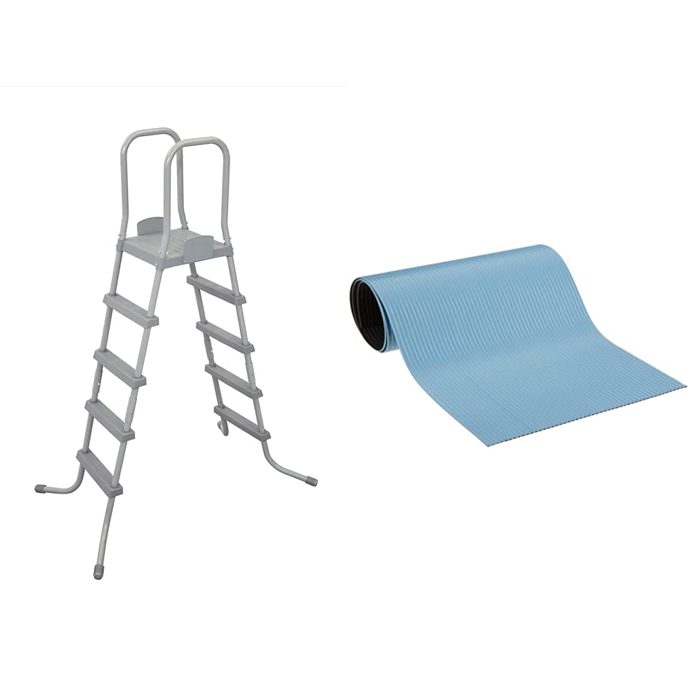 Bestway 58337E 52-Inch Heavy Duty Steel Above Ground Pool Ladder with Non-Slip Steps, Arm Rails & Safety Barrier - Gray | HydroTools by Swimline Protective Ladder Mat (87953) | Perfect for Inground & Above Ground Pools, Backyard Swimming Safety