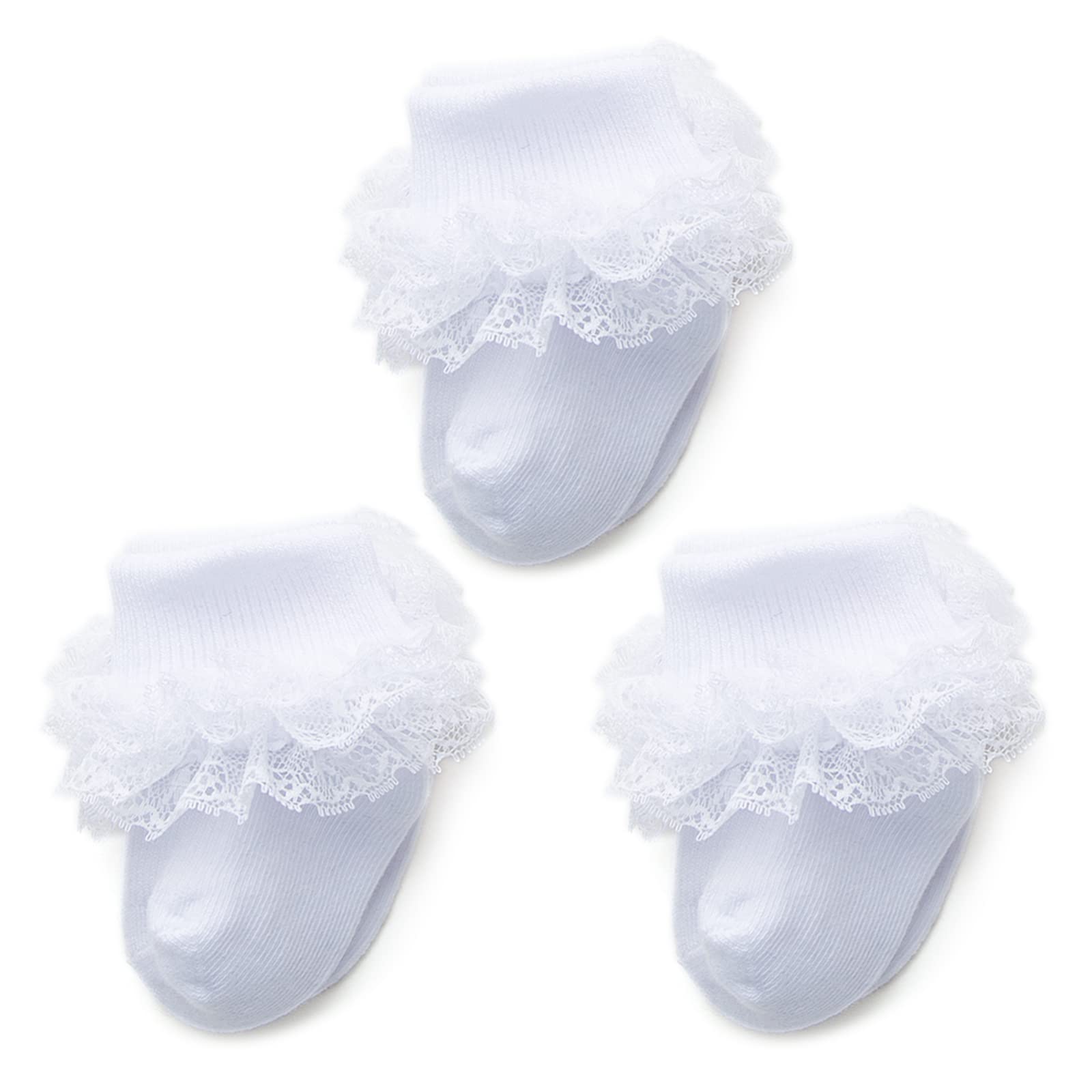 Adorable Baby Girl Socks with Eyelet Triple Lace Ruffles - 2/3/5 Pairs Cuff Ankle Dress Socks for Newborns, Infants & Toddlers - Perfect for Special Occasions, Photo Shoots & Everyday Outfits