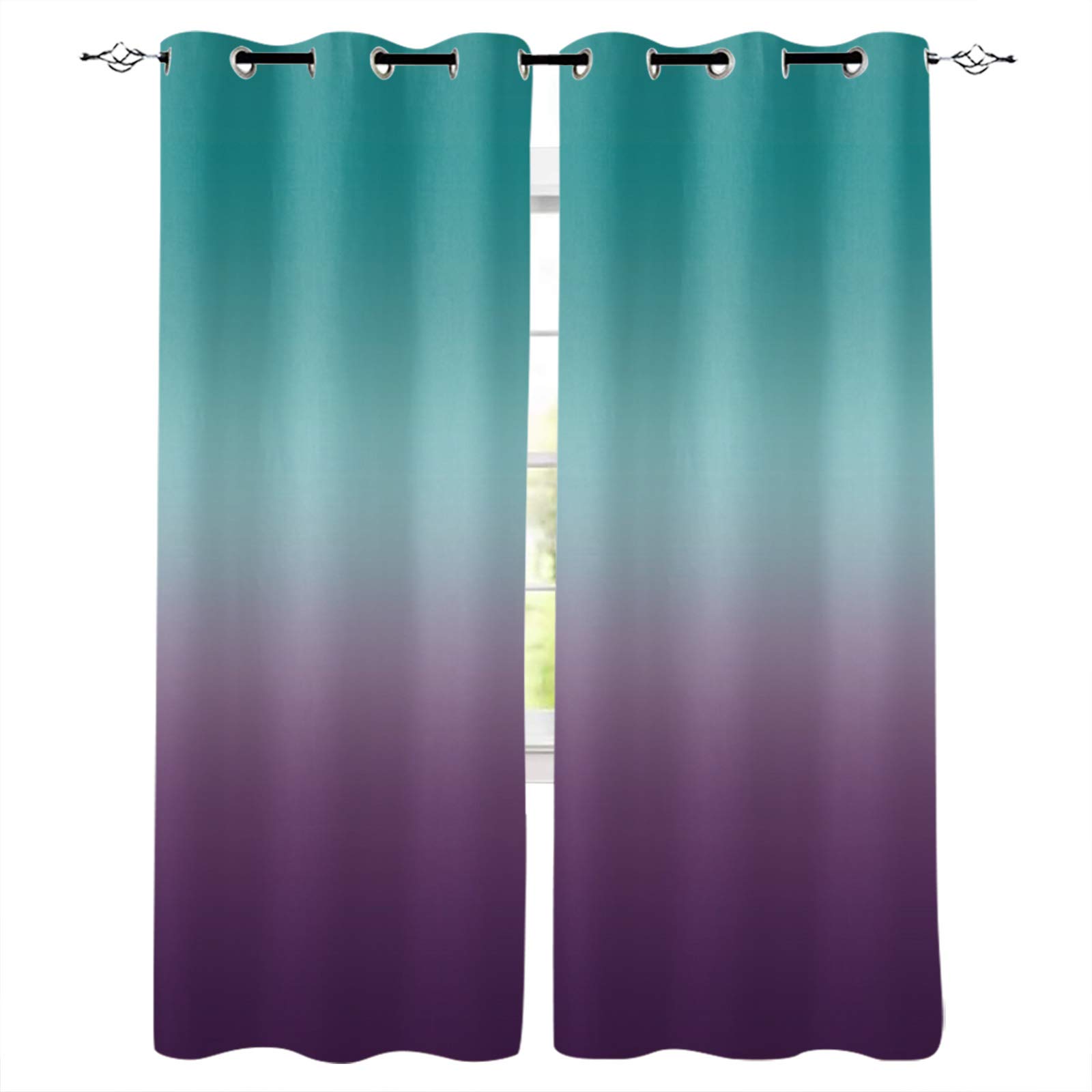 Turquoise Purple Gradient Blackout Curtains - Thermal Insulated Room Darkening Drapes for Living Room & Bedroom - Set of 2 Panels 52x52 Inch - Perfect for Home Theater, Nursery & Light Sleepers