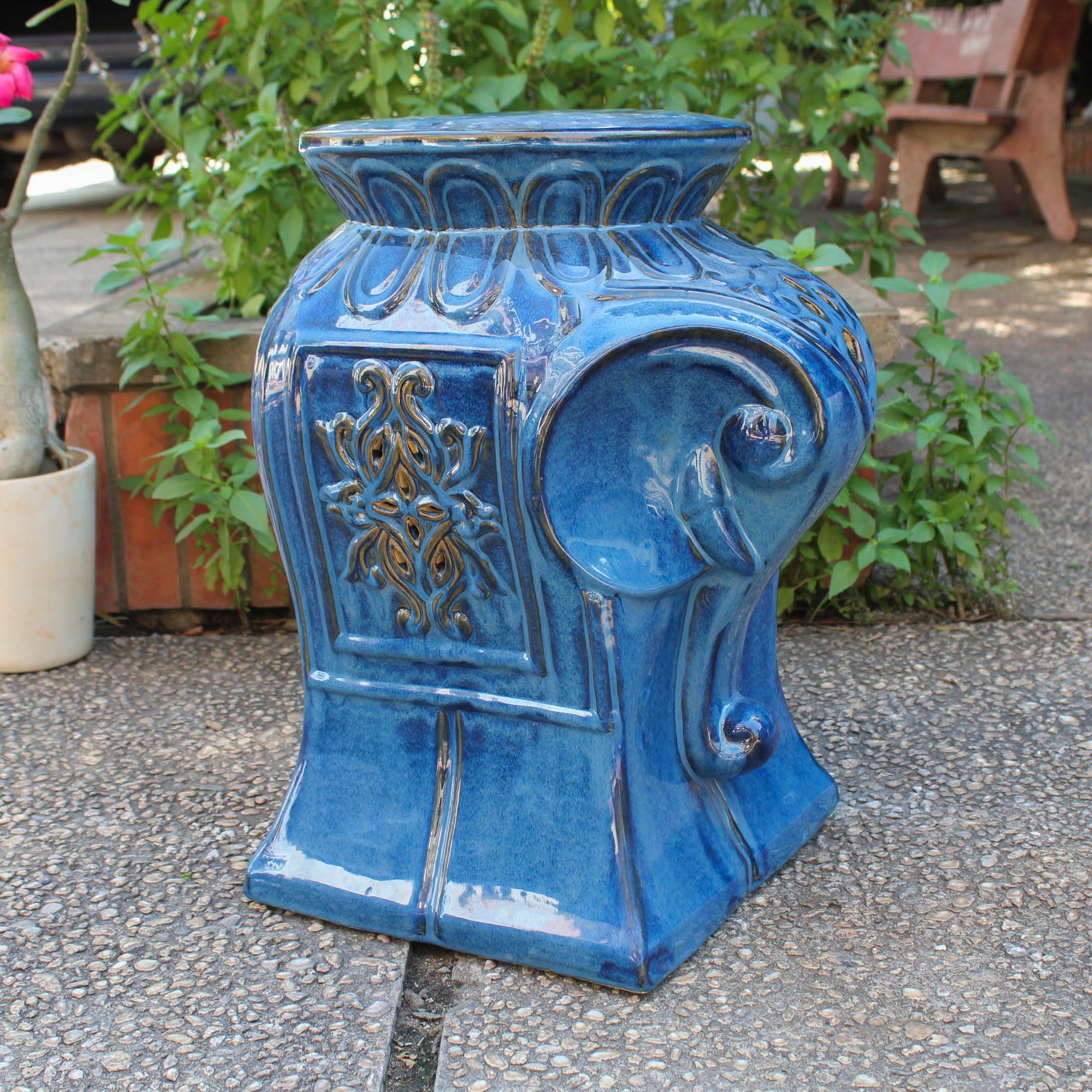 Contemporary Navy Blue Elephant Ceramic Garden Stool - Handcrafted Outdoor & Indoor Decor for Patio, Living Room, or Garden Accent | Durable & Stylish Furniture Piece by International Caravan