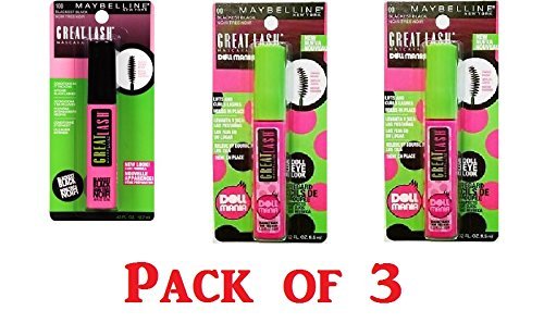 Maybelline Great Lash Mascara - 3 Pack, Blackest Black 00/100 - Volumizing & Lengthening Mascara for Natural or Dramatic Looks - Perfect for Daytime Office Wear & Nighttime Party Makeup