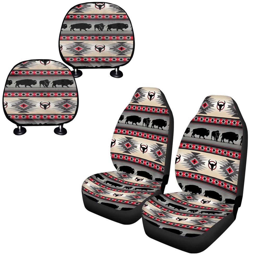 Premium Aztec Animal Bull Pattern Car Seat Covers & Headrest Covers Set - 4-Piece Washable Car Interior Accessories for Men & Women - Perfect for Holiday Gifts, Daily Commuting & Road Trips