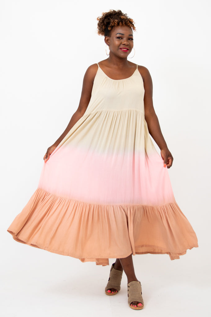 Boha Dress - Tan Dip Dye Maxi Dress for Women | Boho Chic Summer Beach Dress | Perfect for Vacations, Weddings & Outdoor Events