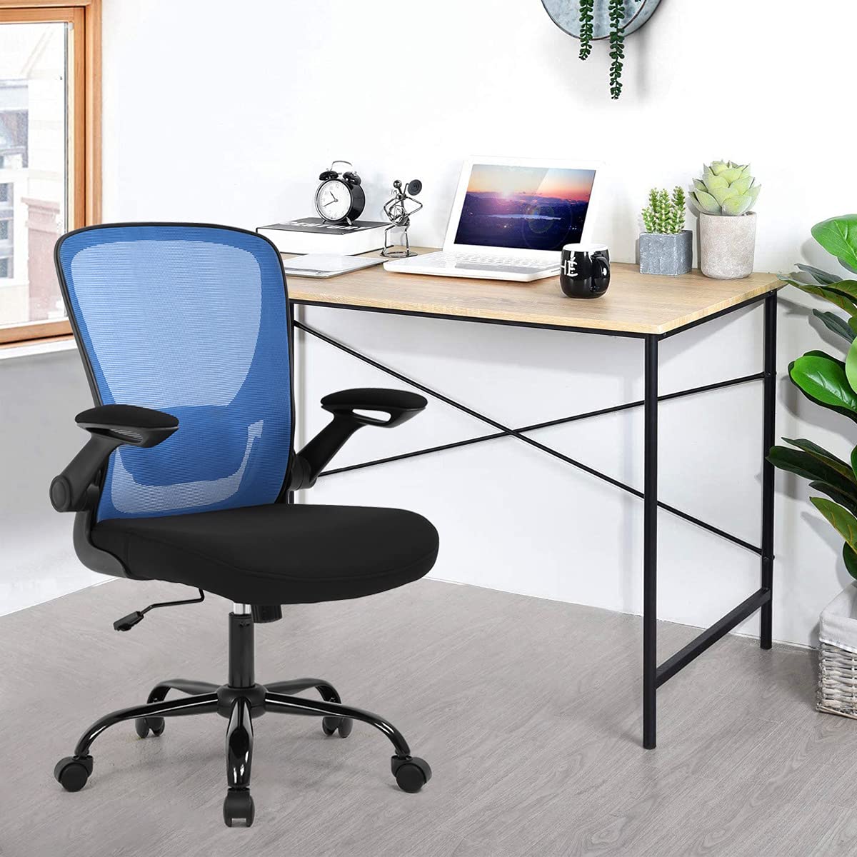 Ergonomic Office Chair with Lumbar Support - Mesh Computer Desk Chair with Flip-Up Arms, Swivel & Rolling Wheels for Home & Executive Use - Comfortable Task Chair in Blue for Long Work Hours