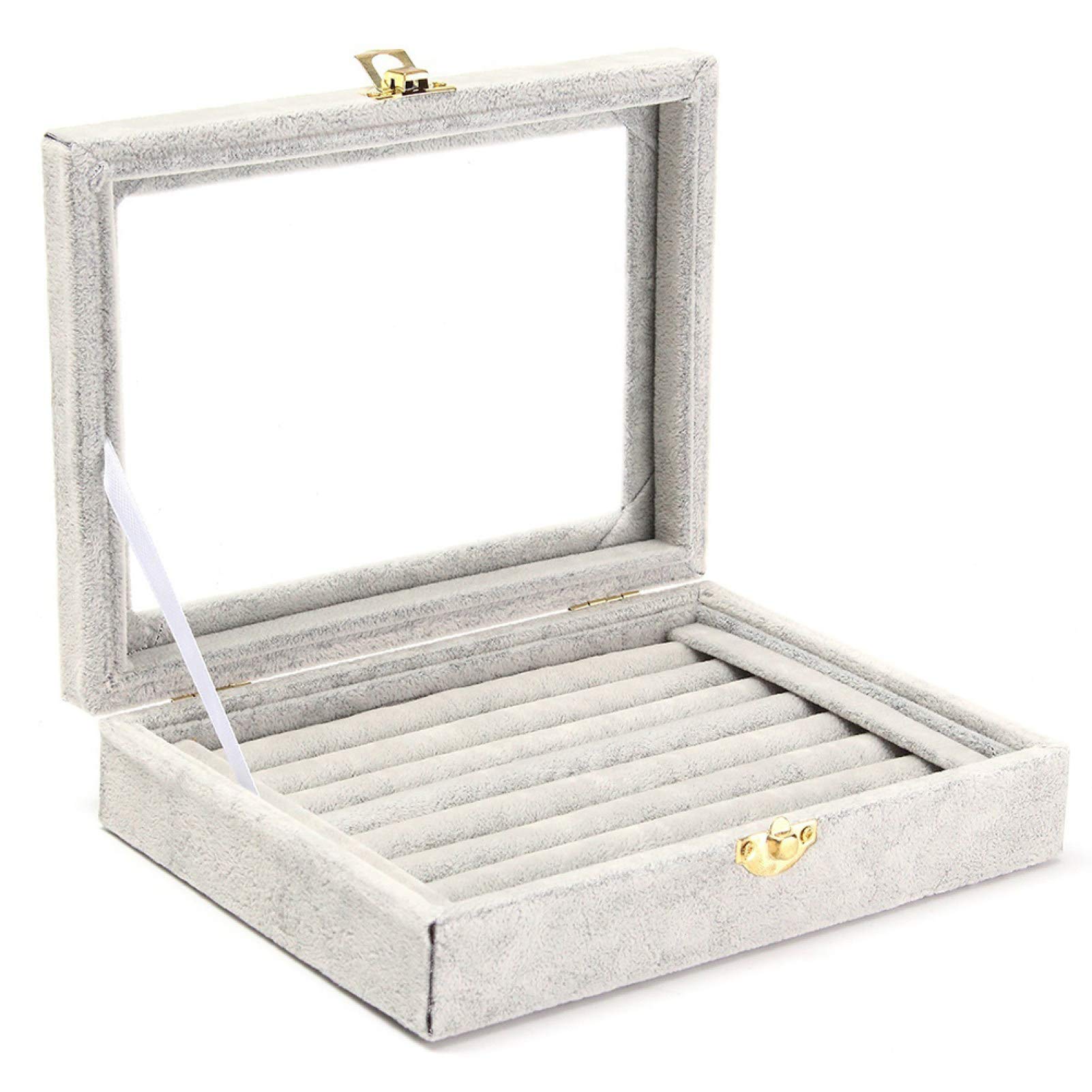Luxury Velvet Wooden Ring Jewelry Display Box - Earring Storage Organizer Tray Holder for Wedding, Engagement & Gift Presentation (Grey) - Perfect for Jewelry Shops, Boutiques & Home Organization
