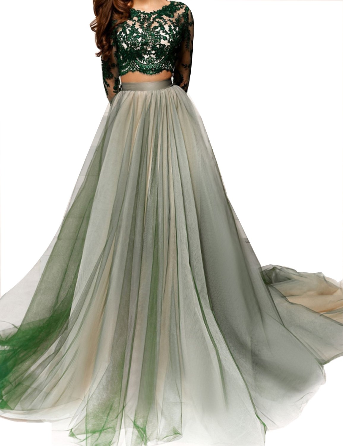 Elegant Two-Piece Lace Prom Dress with Sexy Back & Sweep Train - YIRENWANSHA Ball Gown WSPM544 for Homecoming, Wedding, and Formal Events