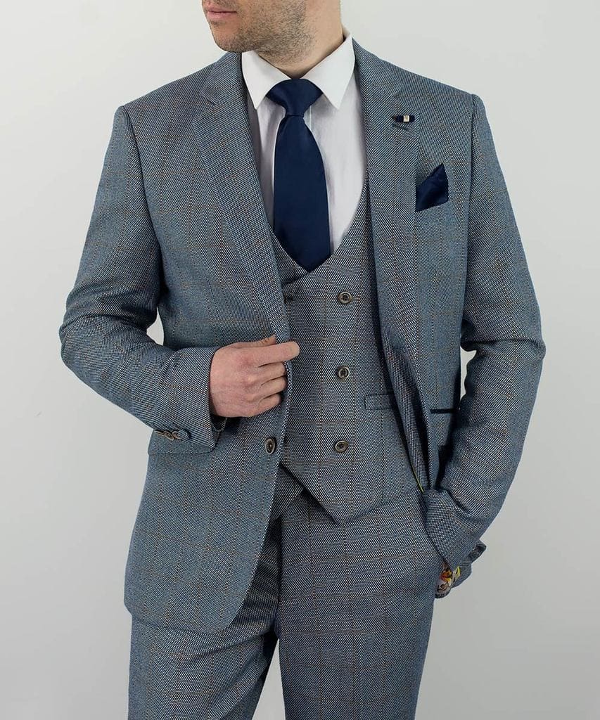 Cavani Del Ray Men's Duck Egg Blue Check Suit | Slim Fit Blazer & Pants Set | Formal Wedding, Business, Party Attire