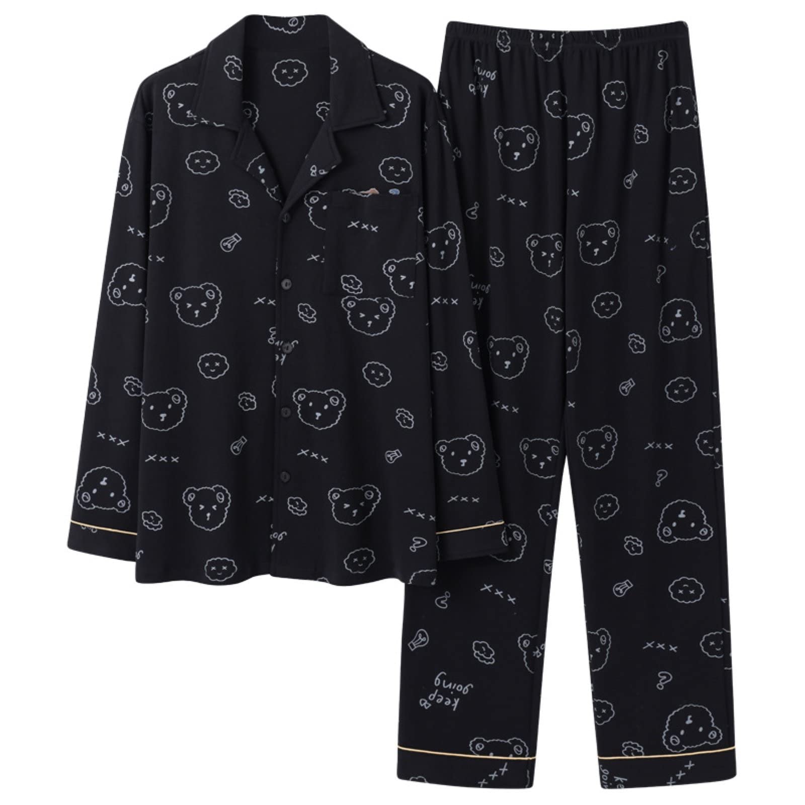 Aeyridepor Men's Long Pajamas Set - Soft Cotton 2-Piece Loungewear with Bear Pattern, Cardigan & Pants, Black Sleepwear for Relaxing at Home or Lounging