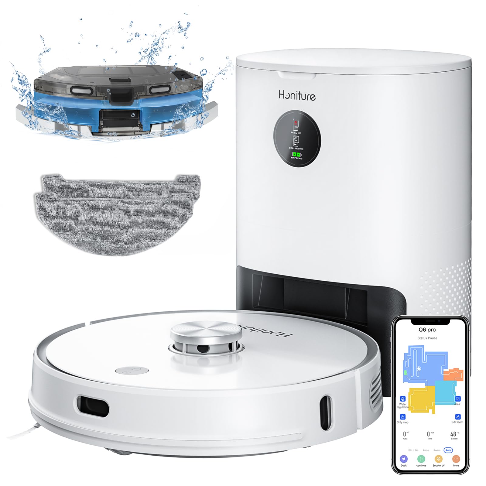 HONITURE Q6 Pro Robot Vacuum and Mop Combo with Self-Emptying Base, 4000Pa Suction, Laser Navigation & Smart Mapping, 250 Min Runtime, App Control - Perfect for Pet Hair, Hardwood Floors & Large Homes