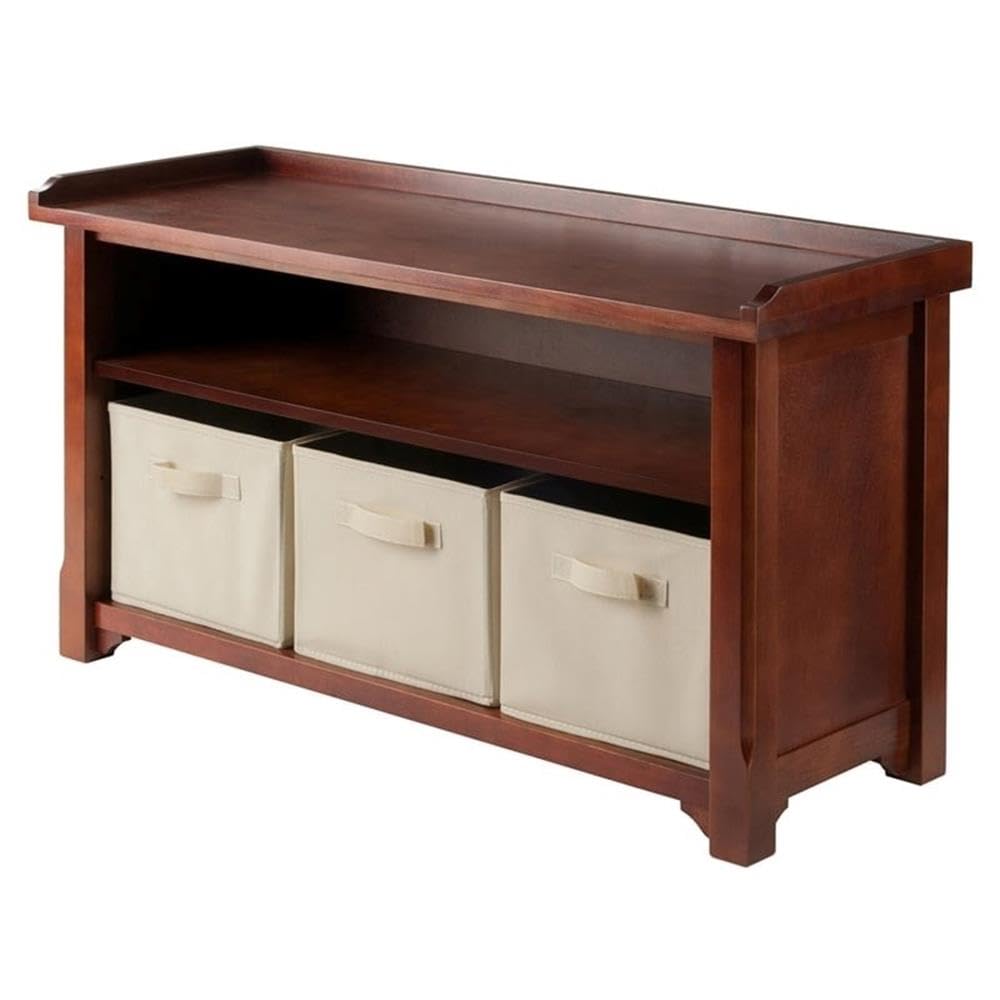 Pemberly Row Solid Wood Storage Bench with 3 Foldable Baskets - Walnut/Beige - Entryway, Living Room, Bedroom Organizer - Perfect for Shoes, Blankets & Home Decor Storage