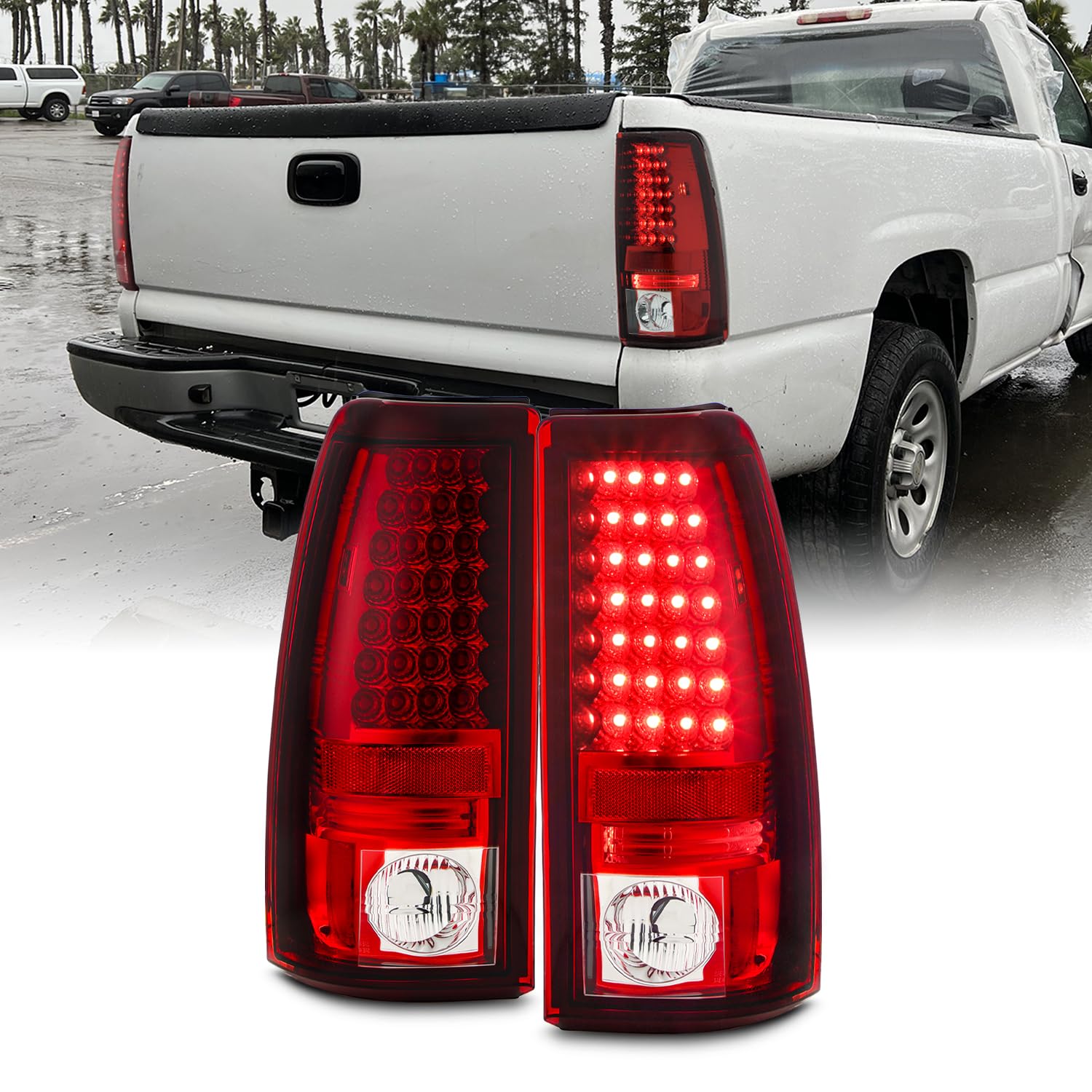 AKKON Red Clear LED Tail Lights Brake Lamps Pair for 2003-2006 Chevy Silverado & 2005-2007 Silverado Hybrid Pickup Truck - Enhanced Visibility & Safety for Night Driving & Towing