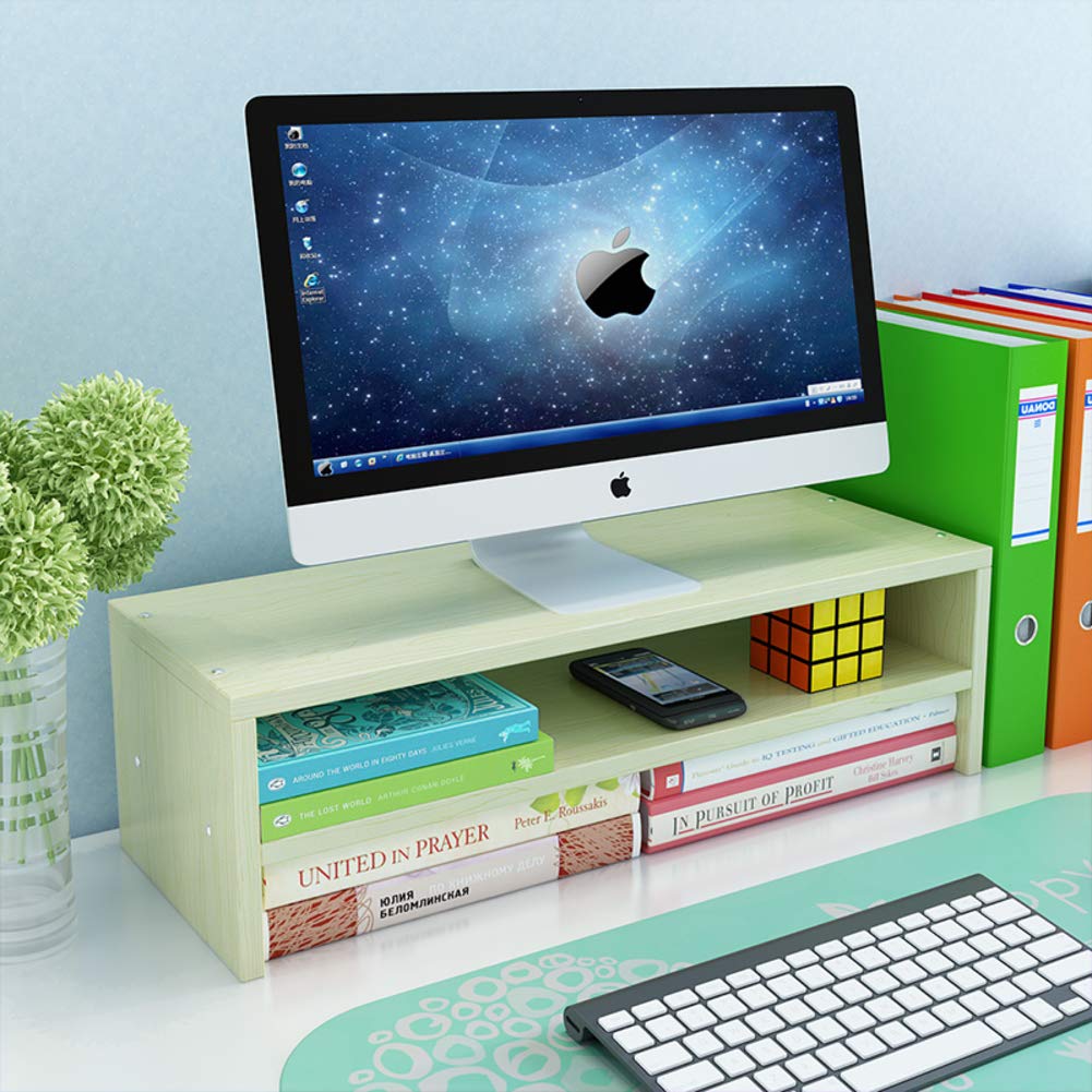 QTQHOME Beige Wooden Monitor Stand with Drawer - 50x20x13cm Office Desk Organizer for Computer, TV & Printer Storage | Perfect for Home & Workspace Organization