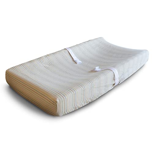 Mushie Extra Soft Muslin Fitted Changing Pad Cover - Retro Stripe | Organic Cotton Baby Changing Mat Cover | Perfect for Nursery, Daycare & Travel