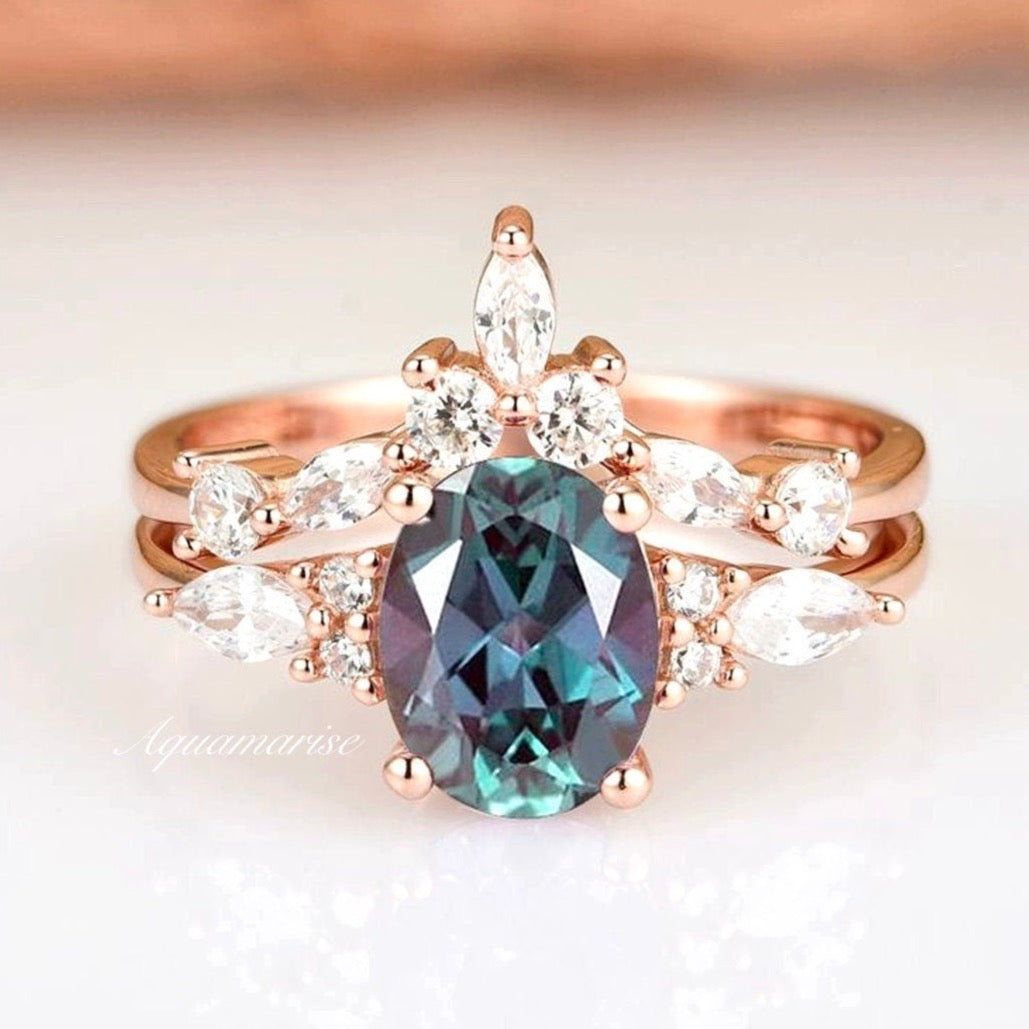 Evelyn Alexandrite Ring Set - 14K Rose Gold Vermeil Jewelry for Women | Perfect for Engagement, Anniversary & Special Occasion Gifts