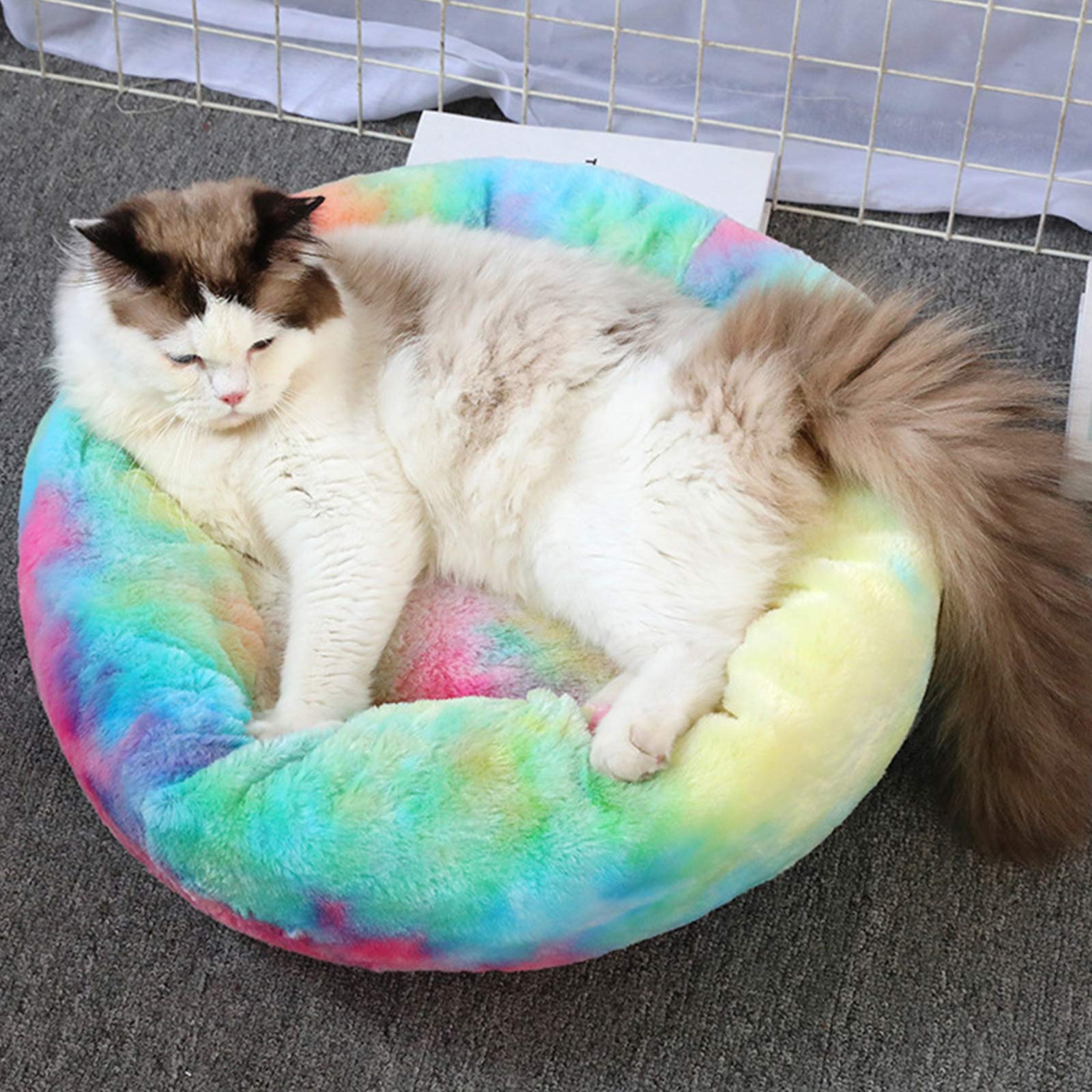 Cozy Donut Cat Bed for Indoor Cats & Small Dogs - Fluffy Round Plush Faux Fur Pet Bed with Self-Warming Feature | Machine Washable, Waterproof Bottom | Perfect for Winter Sleeping & Calming Anxiety (Grey)