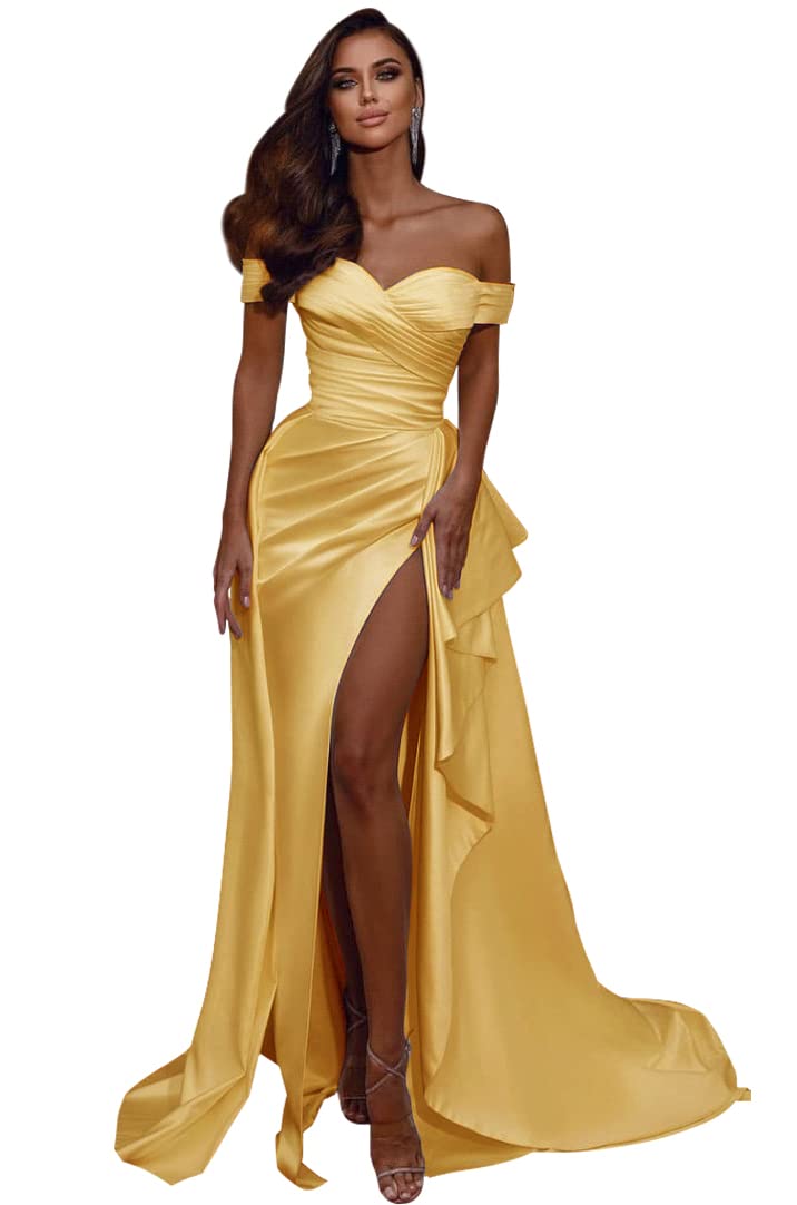 Elegant Off Shoulder Prom Dresses 2024 | Mermaid Slit Formal Evening Gowns | Satin Wedding Dresses for Women | Perfect for Homecoming, Prom Night & Special Occasions