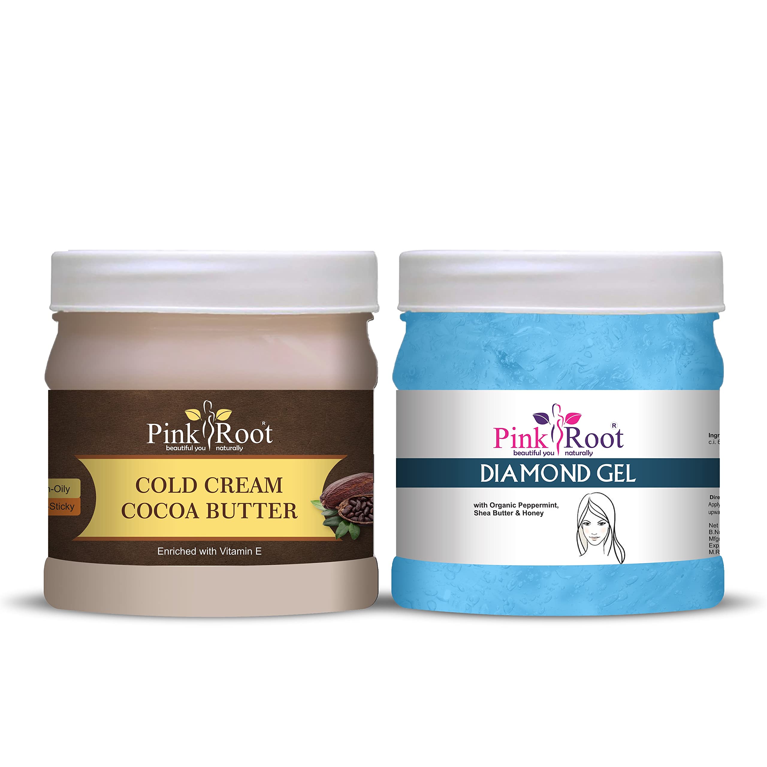 Organic Pink Root Cocoa Butter Cold Cream & Diamond Gel Set - 500gm Each | Deep Moisturizing for Dry Skin, Stretch Marks & Anti-Aging | Perfect for Night Care, Massage & Body Treatment
