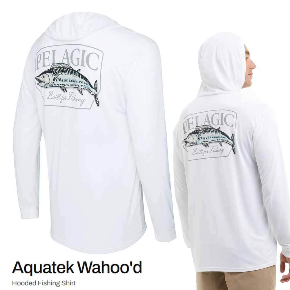 Pelagic White Wahoo'd Hooded Aquatek Long Sleeve Shirt - Perfect for Fishing, Boating & Outdoor Adventures