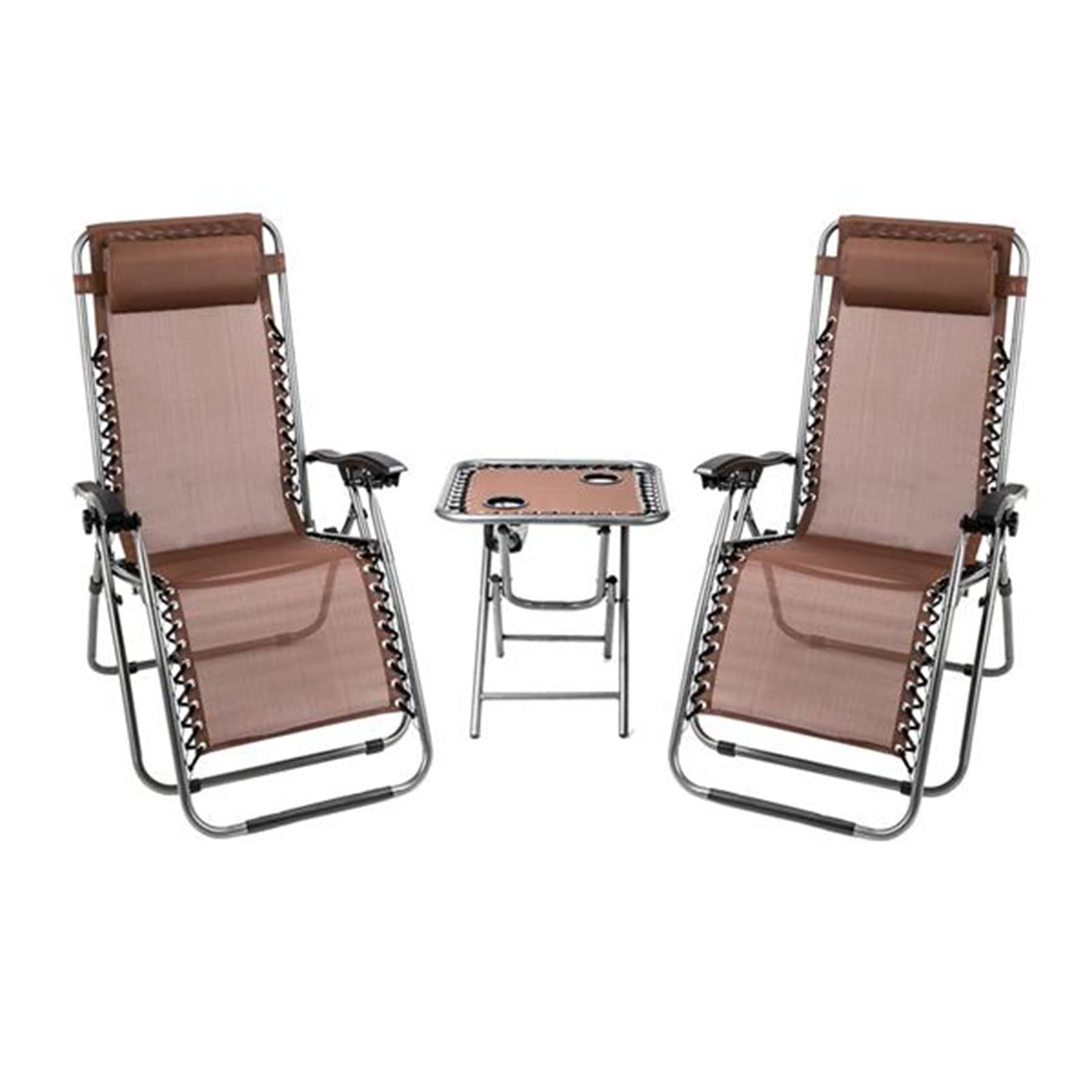 3 Pcs Zero Gravity Chair Folding Recliner Chaise Lounge Set for Outdoor Patio, Backyard & Poolside - Portable Reclining Chairs with Removable Headrest & Side Table, Beige - Perfect for Relaxing, Sunbathing & Camping
