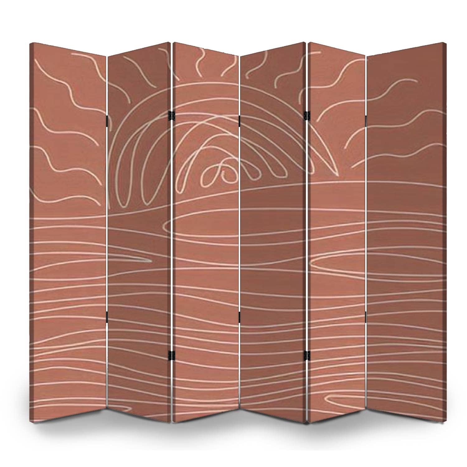 6 Panel Folding Privacy Screen - Mid Century Modern Abstract Sun Line Canvas Wall Art & Room Divider for Home Office, Bathroom, Studio | Decorative Partition for Workspace & Personal Space