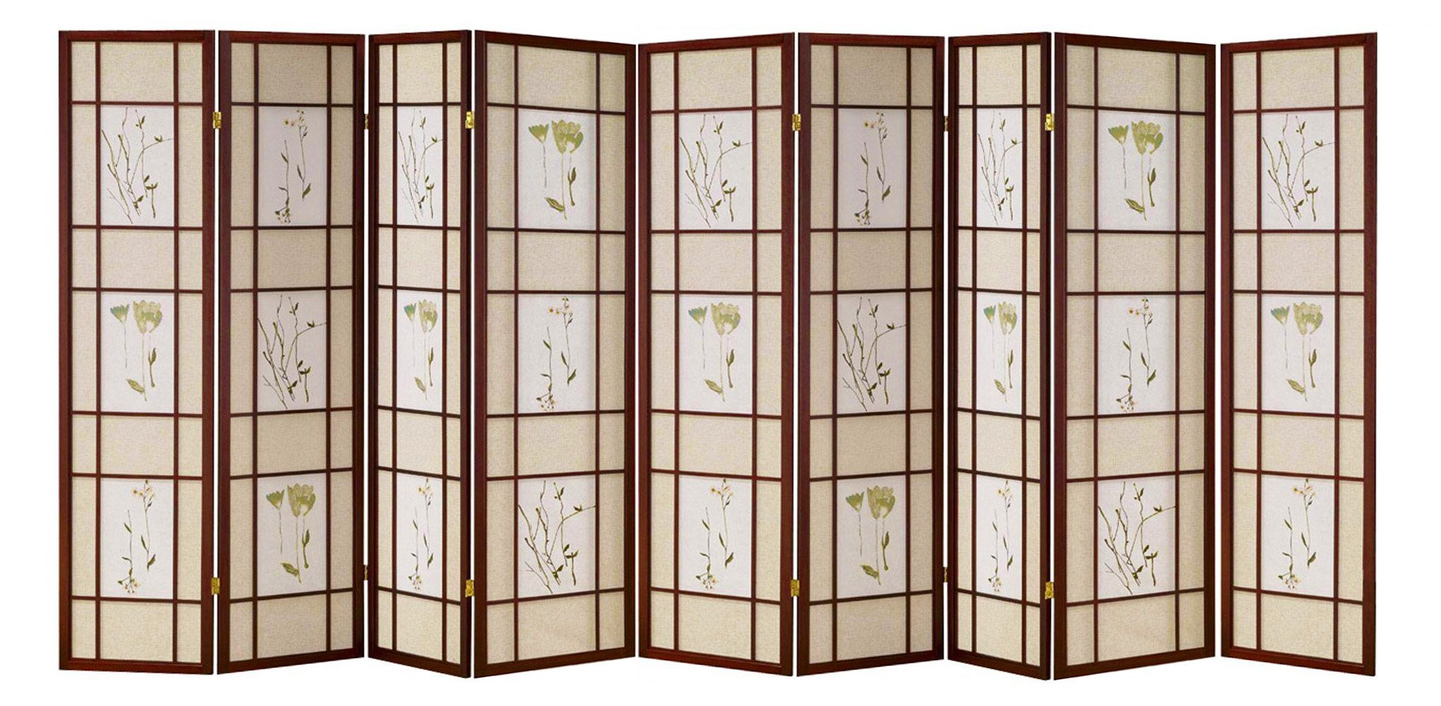 HONGVILLE 9 Panel Shoji Floral Prints Wooden Room Divider Screen - Cherry Wood Frame for Home Decor, Office Partition & Asian Style Interior Design | Perfect for Living Room, Bedroom or Zen Space
