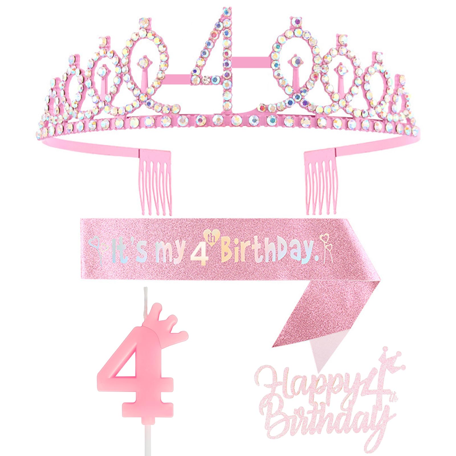 4th Birthday Party Decorations for Girls - Pink 4 Year Old Girl Birthday Crown, Tiara, Sash, Cake Toppers & Number 4 Candles | Perfect for Princess Themed Parties, Photo Booths & 4th Birthday Gift Ideas