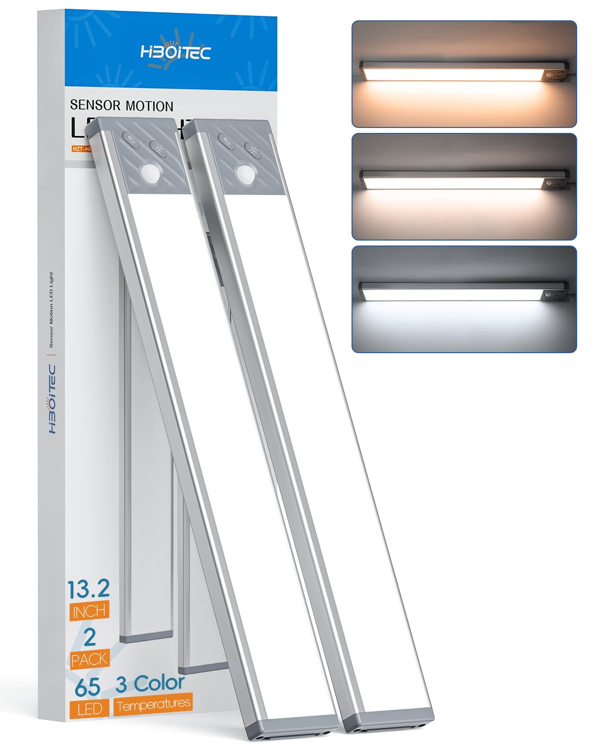 HIBOITEC 65 LED Under Cabinet Lighting - 3 Color Temperatures, Dimmable Motion Sensor Closet Lights, 2500mAh Rechargeable Wireless Under Counter Lights for Kitchen, Wardrobe, Pantry (Silver, 13.2 Inch) - Perfect for Nighttime Navigation & Task Lighting