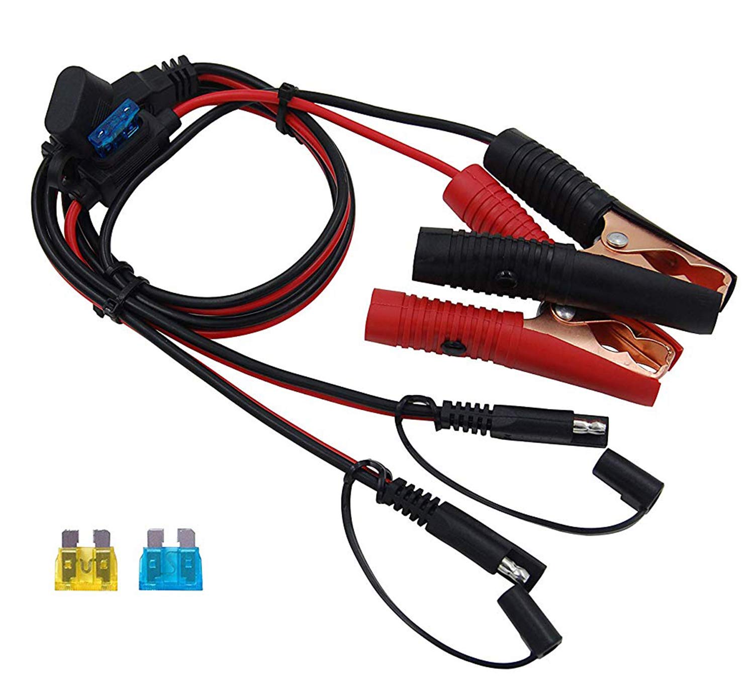 CUZEC 3.8FT/1.15m 16AWG 15A Battery Alligator Clip to 2 SAE Connector Cable - 12V Quick Release Adapter for Car Battery, Solar Panel, RV & Marine Applications - Quick Disconnect Power Cable (CU10352B)