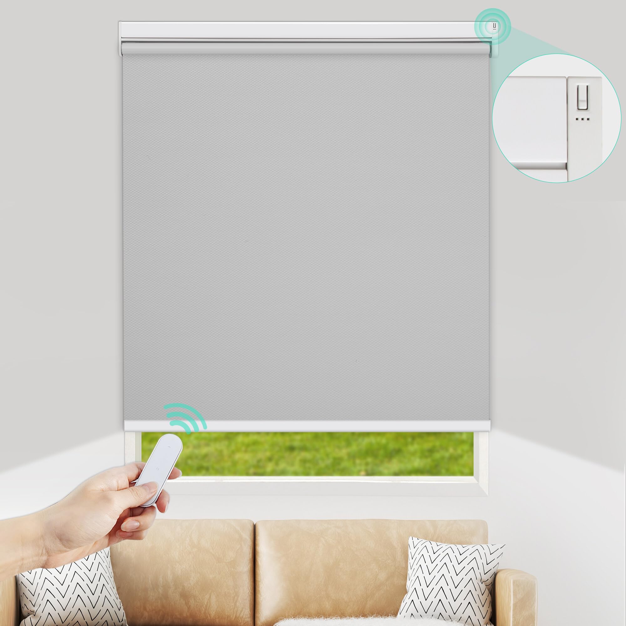 Allesin Motorized Roller Blinds with Remote Control - Smart Blackout Shades for Windows, Battery Powered Electric Window Blinds, Grey (31x72 inches) - Perfect for Bedrooms, Living Rooms & Home Automation