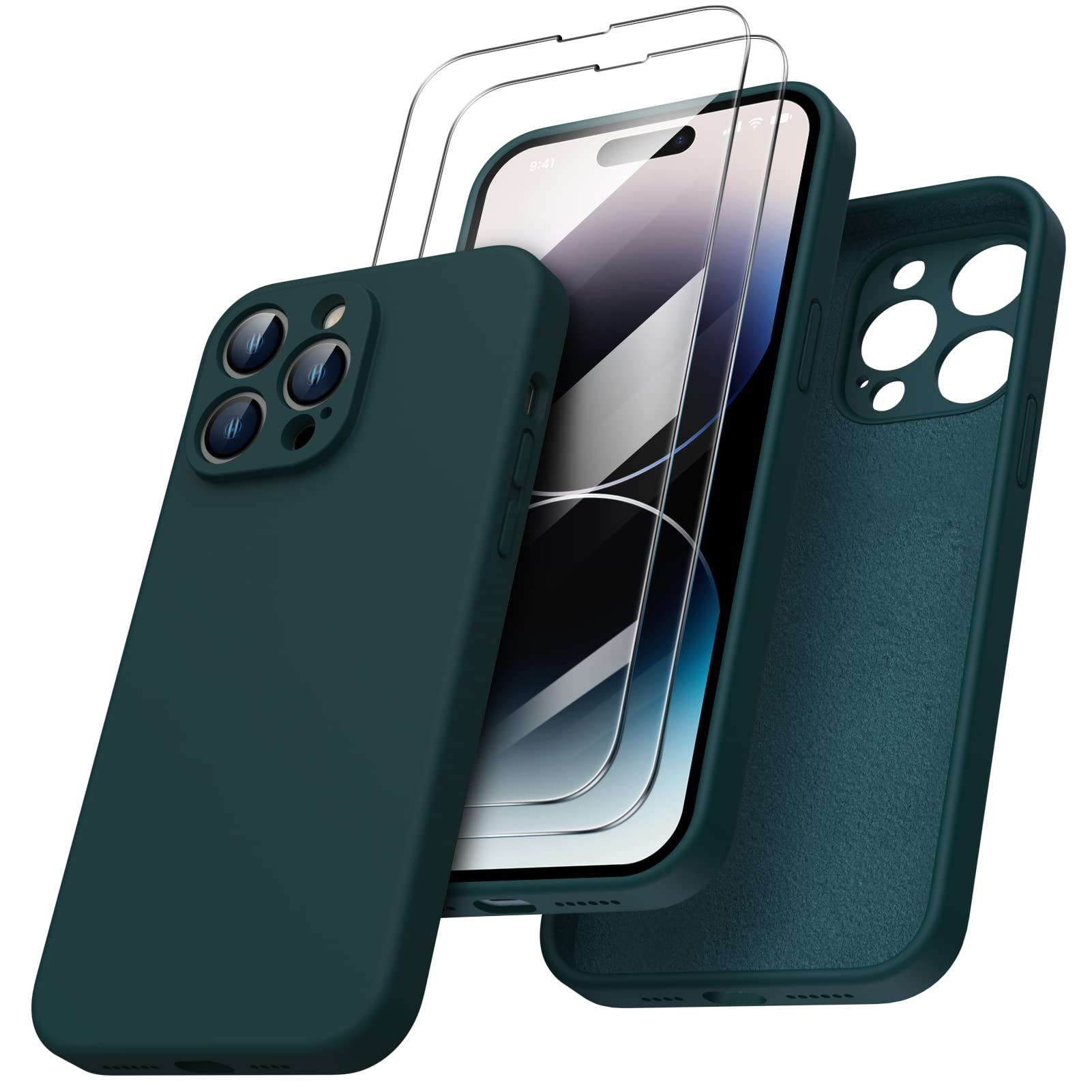 ORNARTO Liquid Silicone Shockproof Case for iPhone 14 Pro Max with 2 Screen Protectors | Full Body Protection | Olive Green | Perfect for Outdoor Activities & Daily Use